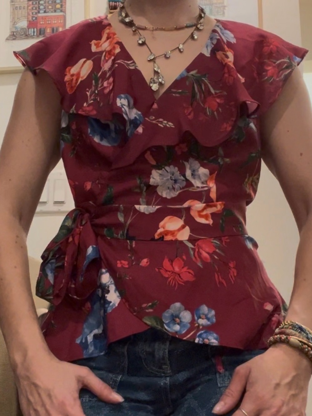 Parker Floral Ruffled V-Neck Wrap Top in Burgundy